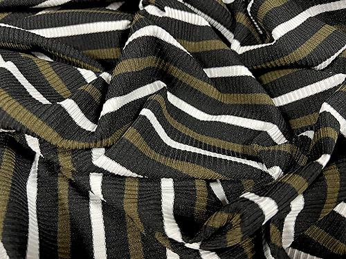 Stretch-Spandex-Rippstrick, Meterware, gestreift, Schwarz, Khaki-Grün und Weiß