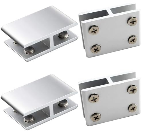 Set mit 4 Glasklemmen aus Aluminiumlegierung für Befestigung von Glas auf beiden Seiten von Duschkabinen Tischen Paneelen, Glasklemme verstellbar von 10 bis 12 mm Dicke, 180 Grad