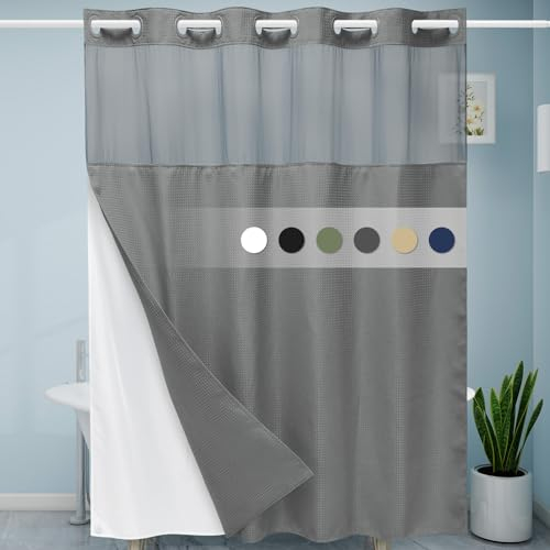 EUTXL Grey Shower Curtain and Liner Set - 230GSM Waffle Weave Textured Heavy Duty,Hotel Luxury Weighted Bath Curtain,71W x 74H