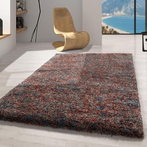 Carpetsale24 Hochflor Teppich 140x200 cm Terrakotta – Shaggy Teppich, Flauschig, Meliert & Pflegeleicht, Jute-Rücken – Wohn- & Schlafzimmer geeignet