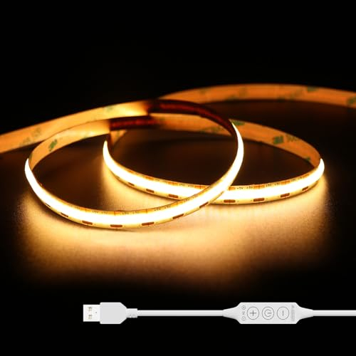 GINGSOW USB COB LED Streifen 5V Warmweiss 2700K 3M,320LEDs/M Dimmbar COB LED Strip Lights CRI80+ TV Hintergrundbeleuchtung,Flexibel LED Band Unterbodenleuchte für Küche,Zuhause DIY Beleuchtung