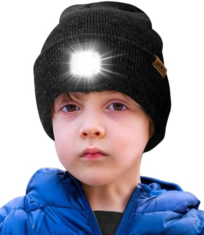 ATNKE Kids LED Beleuchtete Mütze mit Licht,Wiederaufladbare USB 4 LED Laufmütze Extrem Heller Lampe Winter Warme Stricken Mütze Großartig Geschenke für Jungen und Mädchen/Dark Grey