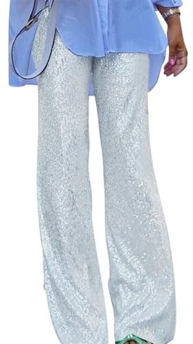 IMEKIS Damen Pailletten Hosen Elastische Hohe Taille Breite Bein Einfarbige Lose Lange Sparkly Festlich Rave Party Tanzhosen Y2K Disco Nacht Clubwear Silber S