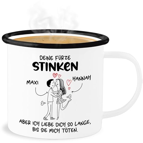 Emaille Becher Blechbecher - Partner Freund & Freundin - Deine Fürze stinken I Paar Geschenke Pärchen Valentinstag - 300 ml - Weiß Schwarz - liebeserklärung furz tasse für paare pups tassen