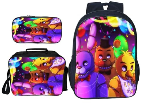 SPSMOKH FNAF 3 Sätze Rucksack Anime Cartoon Spiel Leinwand Tasche Schüler Schultasche Freizeit Schultertasche Männer und Frauen Geburtstagsgeschenk, 3, 40*30*16CM
