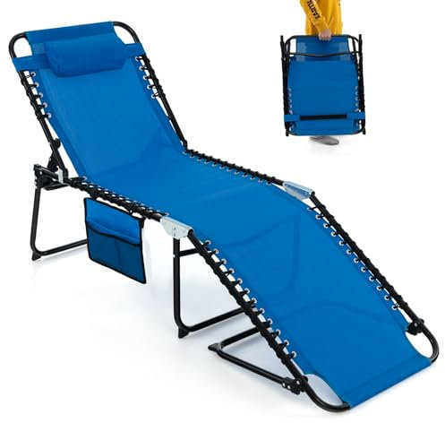 COSTWAY Tumbona Jardin Exterior, Tumbona Plegable con Respaldo Reclinable de 4 Posiciones, Bolsillo Lateral y Reposacabezas Desmontable, Tumbona Teclinable Playa Piscina, 188 x 59 x 41cm (Azul)