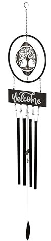 Windspiel aus Metall mit Edelstahl-Kreisel Lebensbaum mit Metall-Windspiel Höhe 133cm ⌀ 26cm