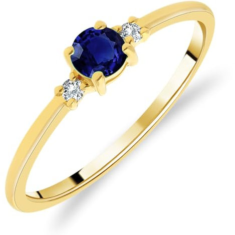 Planetys - Solitärring für Damen aus Gelbgold 375/1000, mit natürlichem Saphir, runder Schliff und Diamanten, 52 (16.6), Metall, Blauer Saphir