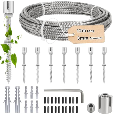 Tuteur pour Plantes Grimpantes en Acier Inoxydable, 12 m de Long (Câble en Acier de 3 mm) et 8 Supports Pour Plantes Grimpantes Telles Gue Les Roses, Les Vignes et Les Tomates, Kit D'aide à L'escalade