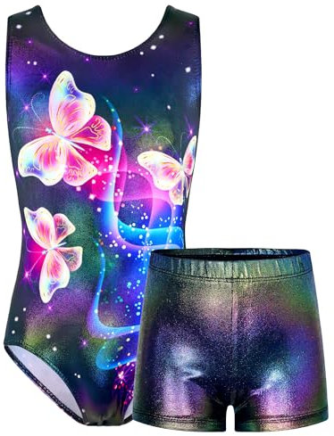 TENVDA Gymnastikanzug für Mädchen von 5–12 Jahren, glitzerndes Tanz-Outfit mit passenden Shorts, Schwarzer Schmetterling B, 7-8 Jahre
