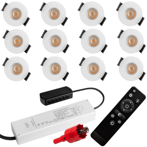 S-Polytec PREMIUM Mini LED- Einbauspots Warmweiss 3.000K, DIMMBAR, IP65, FUNK 3W Einbaustrahler Terrassenüberdachung, Bad, Sauna mit Fernbedienung (WEISS, 12x LED-SET)