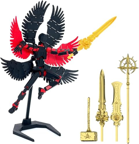 DKIIL NOIYB T13 Action Figure, Neuer Bereits Montiert S13 Figure, 3D Printed Titan 13 Action Figure mit Flügeln und Sockel, 4 Waffen 6 Händen, Dummy T13 3D Printed Multi-Jointed Movable (A1-Schwarz)