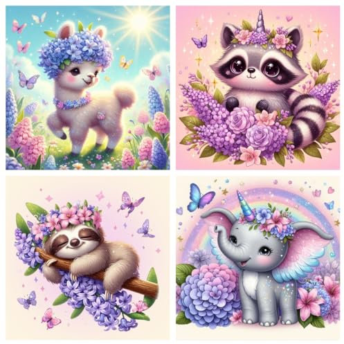 4er Set Diamond Painting Kinder ab 4 5 6 8 10 Tiere,Alpaca Raccoon Faultier Elephant Diamant Painting Bilder Kinder,Klein Diamond Painting Jungs Mädchen Als Geschenk(15x15cm)
