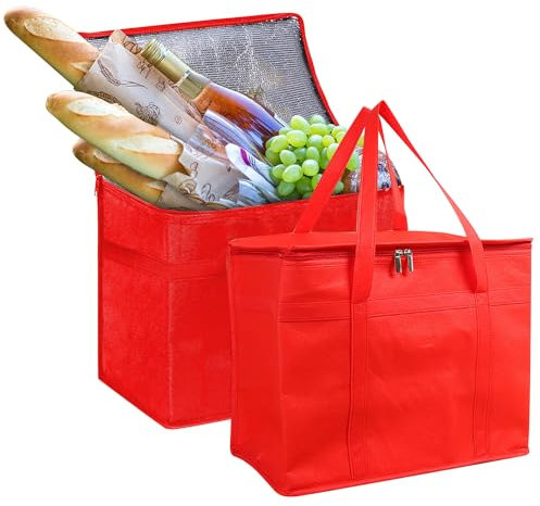 2 Stücke Kühltaschen faltbar groß, 31L Wiederverwendbare Tragbare Kühltasche Gross mit verstärktem Boden als Einkaufstasche, Isoliertasche, Picknick Kühltasche Bierkasten Kühltasche Auto (Rot)