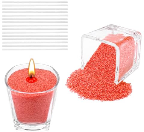 Scentoria Kerzensand 500g, Kerzensand mit Docht, Kerzenwachs Granulat mit 17 Dochte 6 cm, Wachsgranulat für Kerzen, Kerzen Sand, Kerzengranulat für die DIY Kerzenherstellung (Rot)