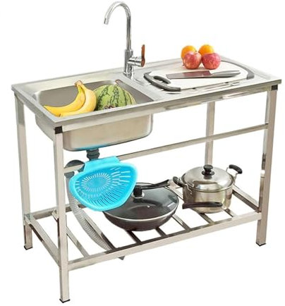 Ausgussbecken Edelstahl Spültisch, Freistehende Spüle Waschbecken Küche Spülenschrank Camping Spülbecken Mit Spüle Und Armatur, Outdoor Mobiles Utility Spülschrank Spüle Mit Armatur Set(29.5x15.7x29.5