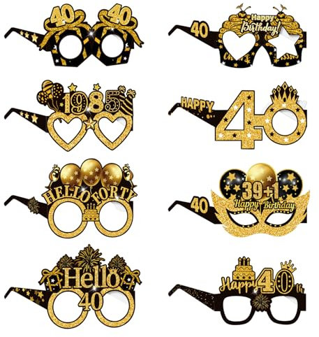 COLANANA Birthday Party Glasses Decoration,40th Birthday Party Decorations,8 Pieces Funny Paper 40th Birthday Eyeglasses Deco,Birthday Photo Booth Props Supplies for Women Men