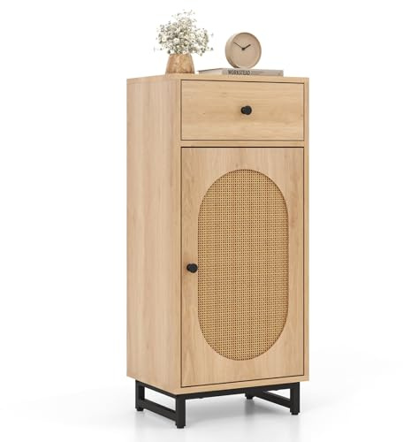 COSTWAY Bathroom Floor Cabinet, Freestanding Storage Cupboard with Drawer, Rattan Door and Adjustable Shelf, Wooden Slim Bathroom Unit Side Cabinet for Living Room Hallway, 40x30x91cm (Natural)