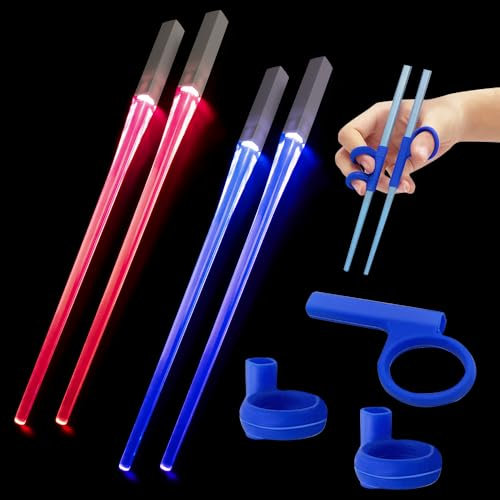 Rppiup 2 Pairs 9 Color Modes Light Saber Chop Sticks with Auxiliary Ring Set, Color-Changing Light Up Chopsticks, Chopsticks Lightsaber for Birthday Party Holiday