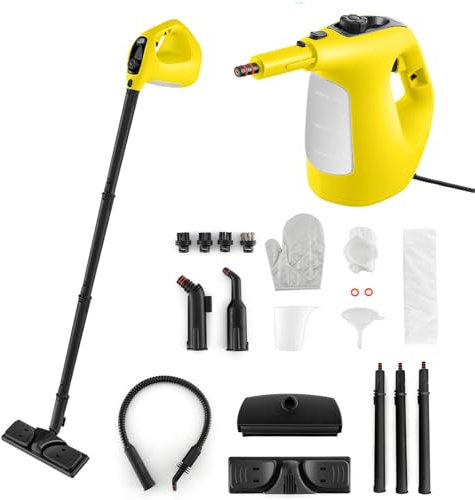 GOPLUS Dampfreiniger 1500W, Tragbarer Mehrzweck-Dampfreiniger: Dampfdruck: 2 Bar, 400 ML Wassertank, Aufheizzeit: 1 min., mit 14 Zubehörteilen, Dampfreiniger Handgerät (Gelb)