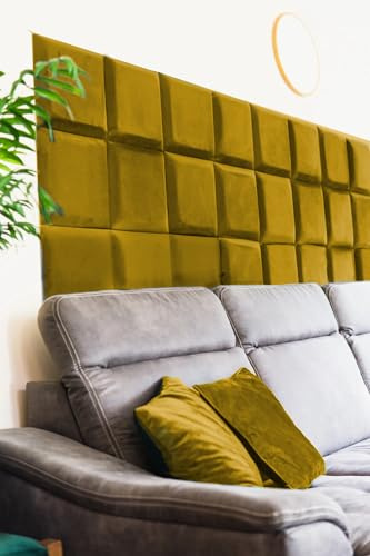 Dimex Samt Wandkissen DUNKELGELB Quadrat - Stoff Polsterpaneel Schlafzimmer Wohnzimmer Bett Wandpolster - Bettkopfteil Lendekissen Modern Luxus Gepolstert Polster Paneel | 30 cm x 30 cm