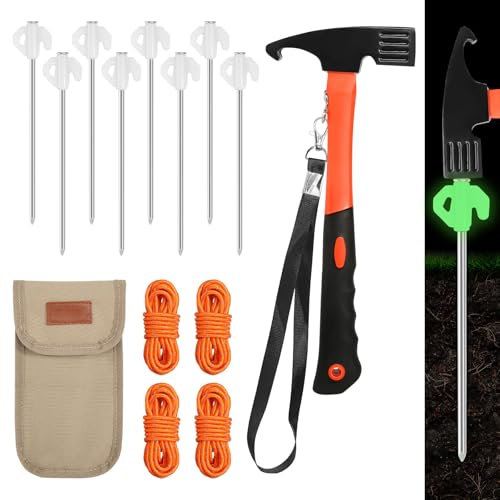 Zeltheringe 8 Stück Leuchtende Zelt Heringe mit Multifunktions Camping Hammer und 4 Stück 4M Reflektierend Abspannseile Seil und Heringe Aufbewahrungstasche Zelt Zubehör für Camping Outdoor