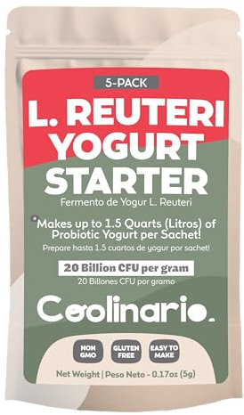 Coolinario L Reuteri Yoghurt Starter (5-Pack, 1g Sachets) Yogurt Starter Culture with Lactobacillus Reuteri Probiotics | Creamy & Delicious | Non-GMO, No Preservatives, Gluten Free, Halal, Kosher
