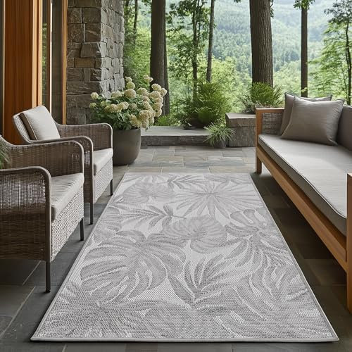 Carpetsale24 Outdoor Teppich Grau 80x150 cm Läufer, Wetterfest & UV-beständig, ideal für Küche, Balkon, Terrasse auch Wohnzimmer und Esszimmer, Palmblätter-Design, Leicht zu Reinigen