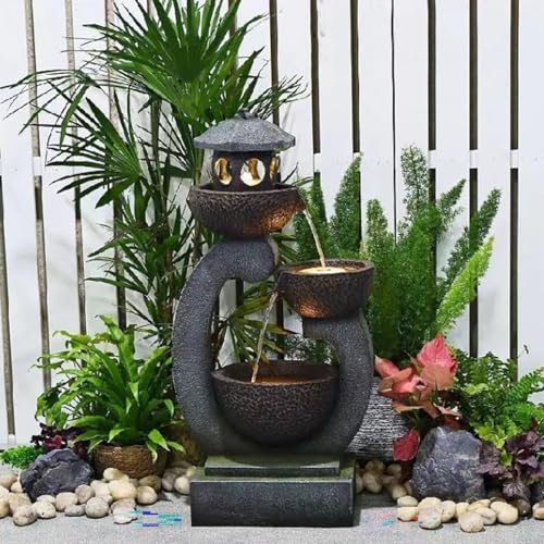 Outdoor Garden Water Fountain Water Fountain Outdoor Zen Feature Modern Tranquil Zen Pagoda Waterfalls Fountains Bowl With LED Lights & Pump For Patio Yard Porch