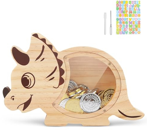 Spardose Kinder, Sparschwein Sparbüchse Holz für Kinder - Triceratops | Spardosen Sparziel mit Marker & Aufkleber Personalisiert Holz Wiederverwendbare für Mädchen Jungen Kinder