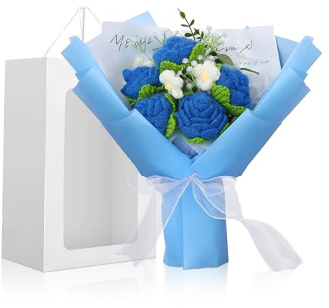 Foyucool Gehäkelter Blumenstrauß, Handarbeit in Blau | Mit Geschenktüte, liebevoll handgefertigt – ein schönes Geschenk zu Weihnachten, Muttertag und Valentinstag.