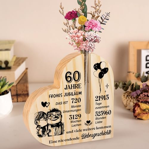 Diamantene Hochzeit Geschenk, 60 Hochzeitstag Geschenke, Diamantene Hochzeit Deko - Herzförmige Holzblumenarrangement-Ornament, Glücklich 60. Jahrestag Geschenk für Frauen Männer Ihn Ehemann Ehefrau