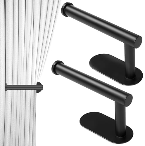 2Pcs Adhesive Curtain Holdbacks, Self Adhesive Curtain Holders, Curtain Hooks Hold Backs Curtain Tie Backs No Drill Curtain Tie Wall Mounted Drapery Holdbacks for Home Office Window Drapery, Black