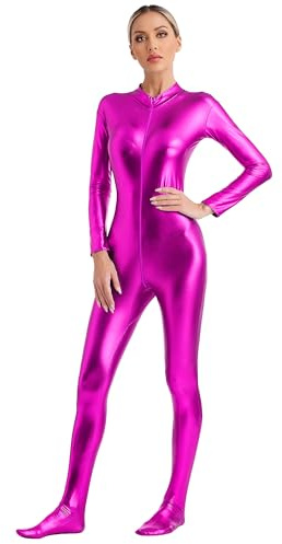 Yeahdor Women's Shiny Metallic Unitard One Piece Bodycon Jumpsuits Sexy Pu Long Sleeve Catsuit Bodysuit for Workout