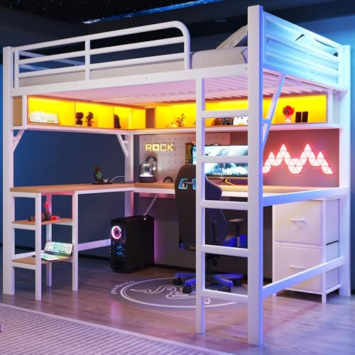Dolamaní Letto a soppalco 140 x 200 cm per gaming con rete a doghe in metallo, letto per ragazzi con scrivania e libreria, USB e illuminazione a LED, telaio stabile, senza materasso (bianco)