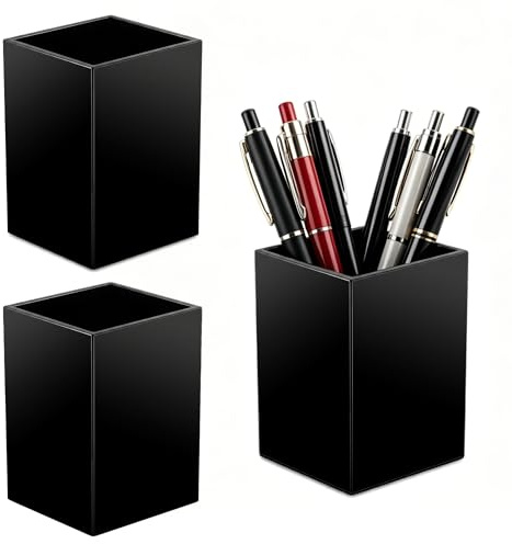3 Pièces Noires Porte-Crayons en Acrylique, Format Carré 10x6.5x6.5 cm | Rangement Pinceaux Maquillage, Pot Crayon Bureau pour Pinceaux de Maquillage, Règles, Ciseaux, Marqueurs et Rouges à Lèvres
