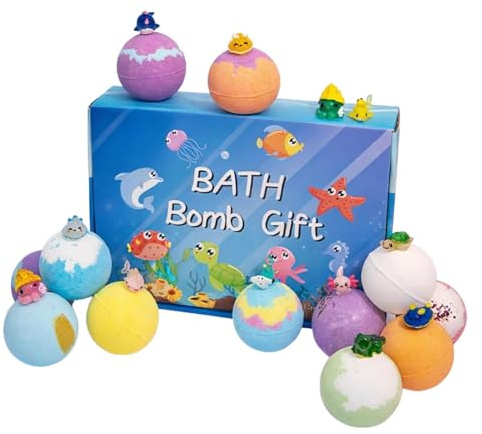 Kids Natural Bubble Bath Bombs - 12-Pack Large Fizzy Bath Balls with Surprise Gift | Oceans Toy Set, Skin-Friendly Formula for Boys, Girls, Children, Fun Time, Birthday Set
