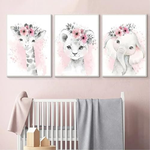 Set de 3 Affiches Rose et Gris Poster Enfant Illustration Chambre Bebe Decoration Murale Animaux Tableau Peinture sur Toile Cadeaux Anniversaire NPTWC008-L
