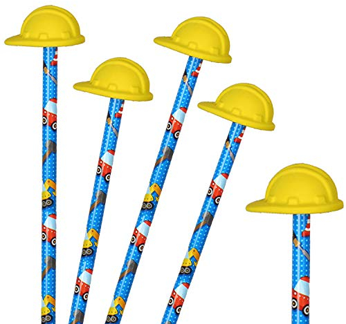 Neu: 4 Bleistifte * Baustelle * mit Radiergummi für Schule und Kindergarten | Stift Zeichnen Schreiben Kind Bauarbeiter Helm Bagger Radlader