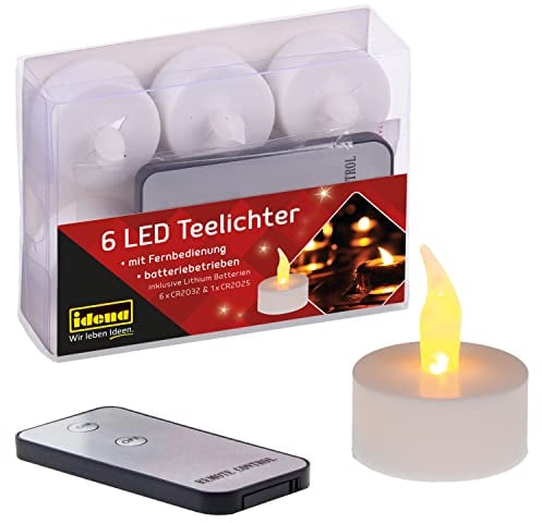 Idena 38204 - Velas de té eléctricas LED, 6 unidades, con luz parpadeante y mando a distancia, incluidas las pilas, decoración para bodas, fiestas, Navidad, Pascua, como iluminación ambiental