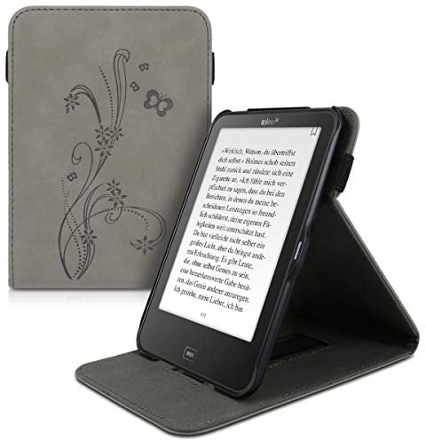 kwmobile Hülle kompatibel mit Tolino Vision 1/2 / 3/4 HD - Schlaufe Ständer - e-Reader Schutzhülle - Ranken Schmetterling Grau