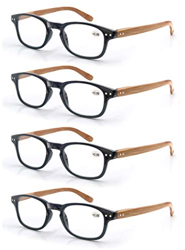 MODFANS (4 Pack Lesebrille 1.75 Herren/Damen,Gute Brillen,Hochwertig,Komfortabel,Rechteckig,Holz-Effekt,Super Lesehilfe,fur Manner und Frauen (4 Schwarz)