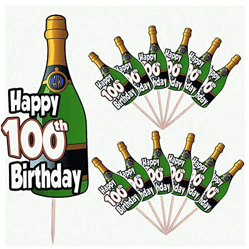 AK Giftshop Celebration 100th Birthday Champagne Bottle Party Food Cake Cupcakes Picks Sticks Decorations Toppers Stand Up Food Flags