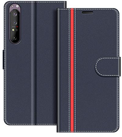 COODIO Coque en Cuir pour Sony Xperia 1 II 5G, Étui Housse Pochette Fonction Stand pour Sony Xperia 1 II 5G, Bleu Foncé/Rouge