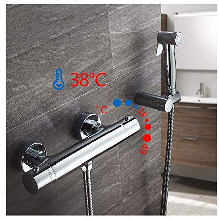 SHUGUANG Thermostatique Toilette Bidet Spray, Bidet Pulvérisateur en Laiton Chromé Kit Mitigeur Douchette à Main Mural Kit Douchette WC pour Toilette avec Tuyau Flexible pour Hygiène Personnelle