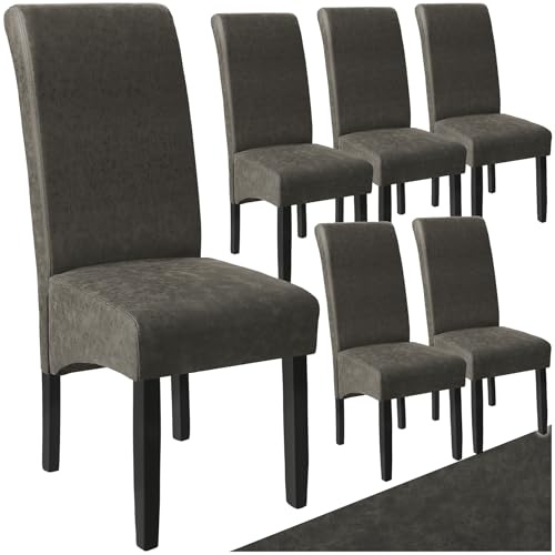 tectake® Set of 6 Dining Chairs with Faux Leather Covers & Solid Hardwood Legs, Dining Chair Set with Ergonomic Design, Padding & High Backrests, Ideal as Desk & Kitchen Chairs - Marbled Grey