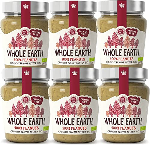 Whole Earth - Pack de 6 Unidades de Crema Ecológica de Cacahuete de 227 g - Sin Azúcar Añadido y Sin Gluten - Apta para Veganos - Fuente de Fibra y Proteínas - Ideal para Untar en Pan o Tostadas