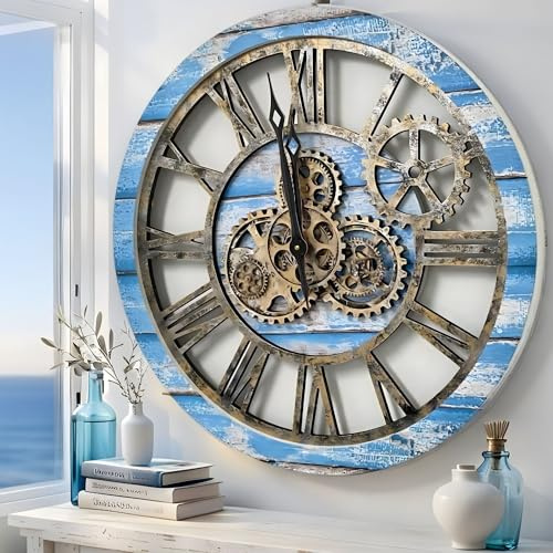 ImprovingLife The Original Real Moving Gear Wanduhr Vintage Industrial Oversized Rustic Farmhouse (60 cm), Vintage Ocean Blue and Bronze)