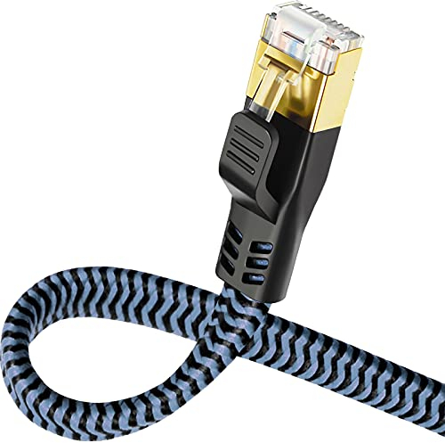 Yauhody Cable Ethernet 15 Metros Cat 8 Cable de Red Plano, RJ45-4000Gbps 2000MHz-S/FTP-Trenzado de Nylon Cable Lan para Gigabit Internet para Módem TV PC PS5/4 Switch, Más rápido que Cat7/Cat6a (Azul)