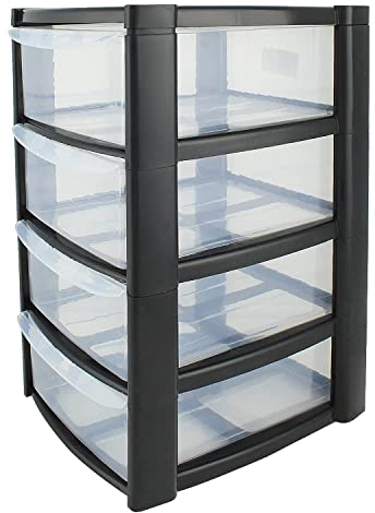 Guaranteed4Less Plastic Storage Drawers Tower Unit Desktop Home Bathroom School Stationary Files (4 Drawer), Clear,black